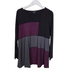 SUN KIM Shirt Womens Medium Black Gray Purple Colorblock Lagenlook Stretch Top